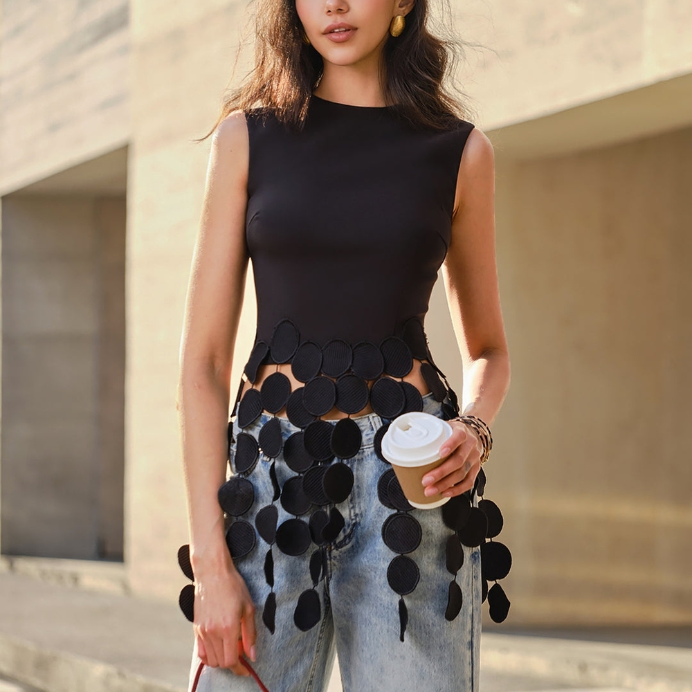 Commense Black Sleeveless Top with Circle Accents